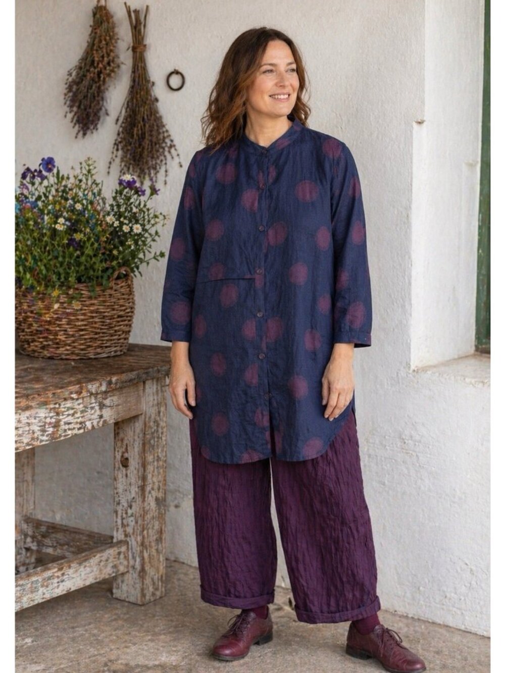 Gudrun Sjoden Womens Tunic Top XL Blue Purple Dot Linen Lagenlook Boho Shirt